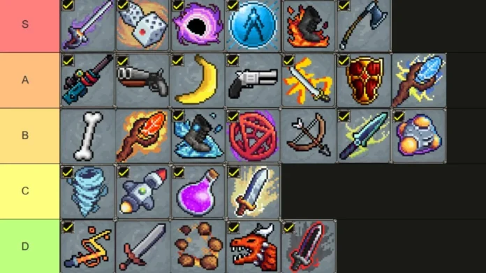Megabonk Weapons Tier List with all 29 weapons ranked from S to D tier